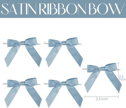 AIMUDI Satin Bows for Gift Wrapping - Dusty Blue Pre-Tied Twist Tie Bows | 50 Count for Weddings & Crafts