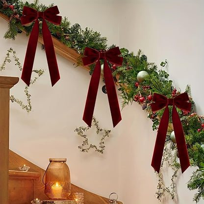 Valentines Tree Decorations | 12 Pcs Wine Red Velvet Ribbon Bows - 5in x 8.7in Xmas Ornaments for Holiday Decor