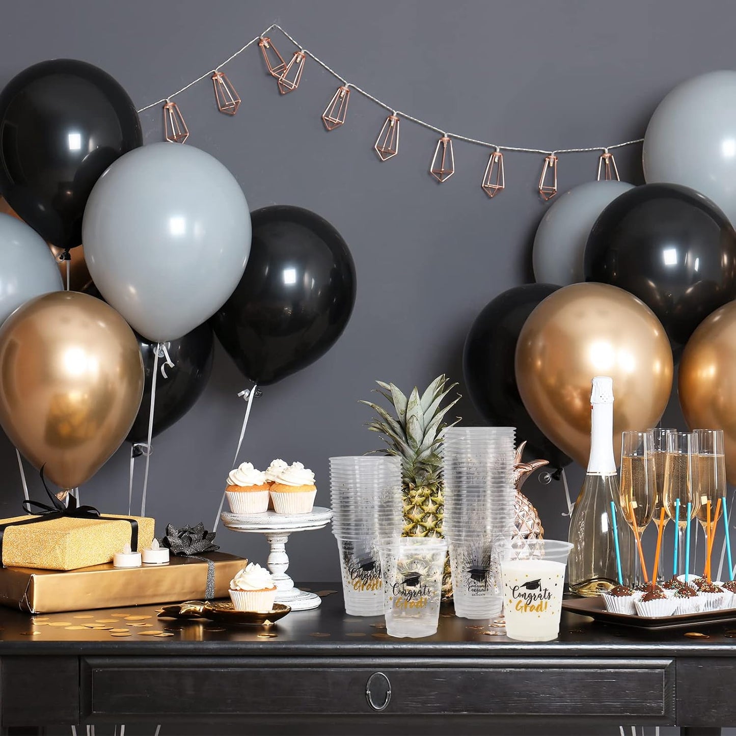 Whaline Graduation Cups - 12oz Black & Gold Disposable Party Cups for Class of 2025 | 50 Pack