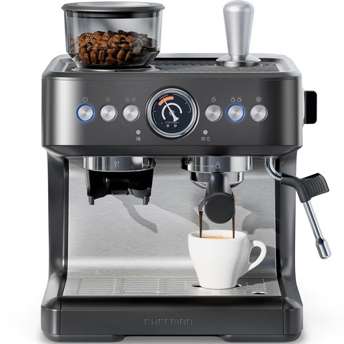 Chefman Crema Deluxe Espresso Machine - Double Boiler & Milk Frother | Professional Coffee Maker with Grinder & 30 Grind Settings