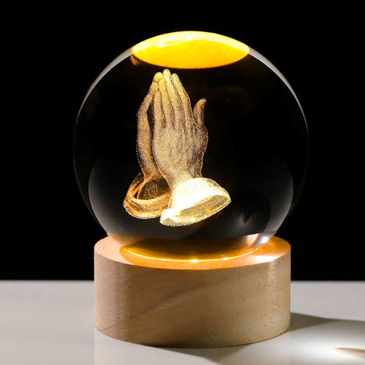 3D Hands Prayer Crystal Ball by [Brand Name] - Religious Christian Glass Figurine Night Light | 2.36-Inch Wooden Base Home Decor Gift