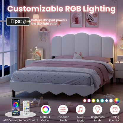 Full Size Storage Headboard Bed Frame with LED Lights, Beige - Variation: Beige+Full