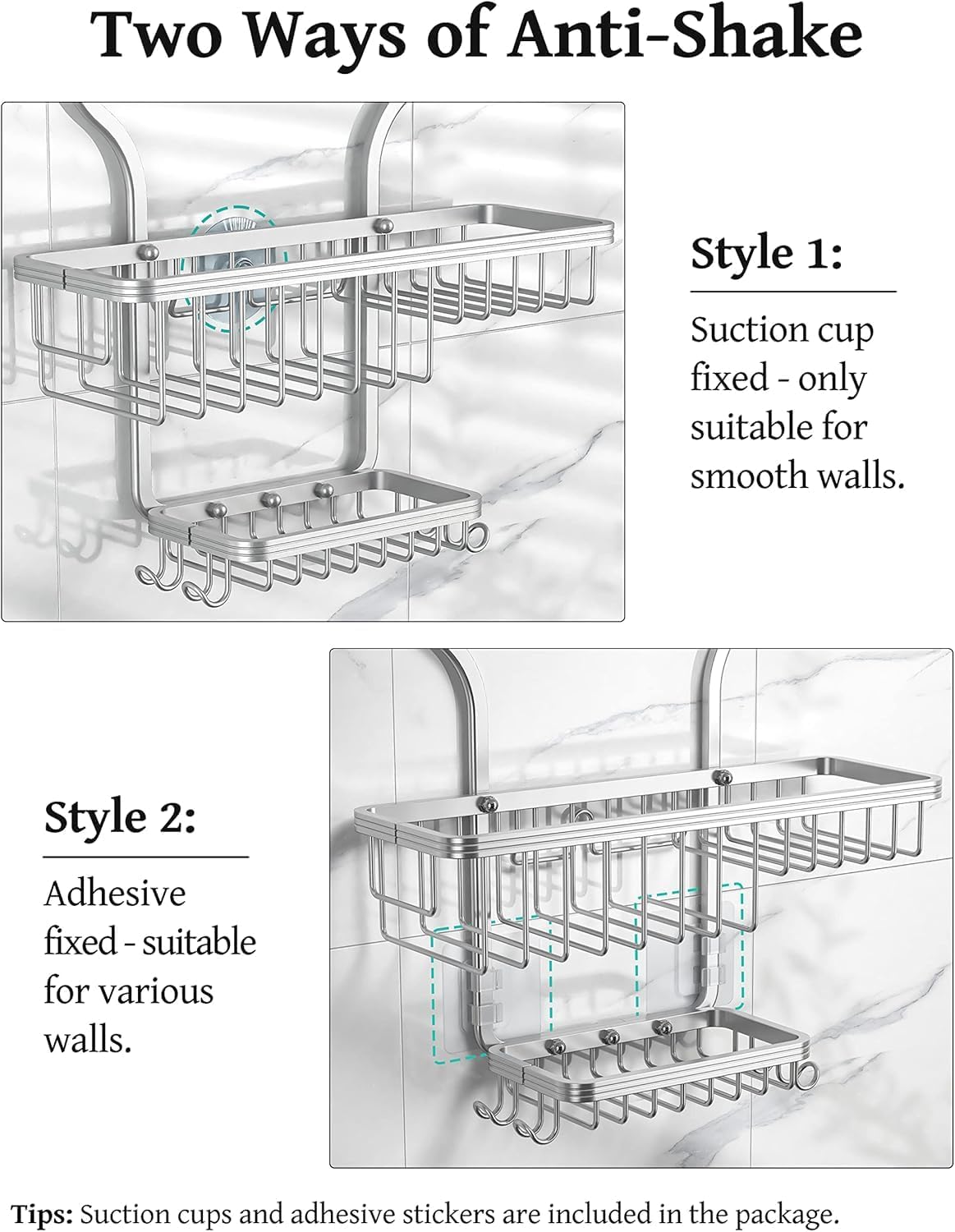YASONIC Shower Caddy - Rust-Proof Aluminum Organizer with 10 Hooks & Soap Basket - Silver