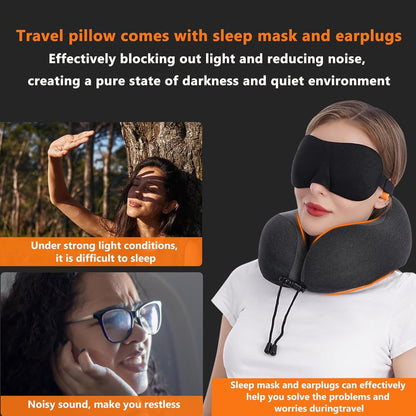 MLVOC Travel Neck Pillow - Upgraded 100% Pure Memory Foam for Airplane Comfort | Includes 3D Eye Mask & Earplugs, Black