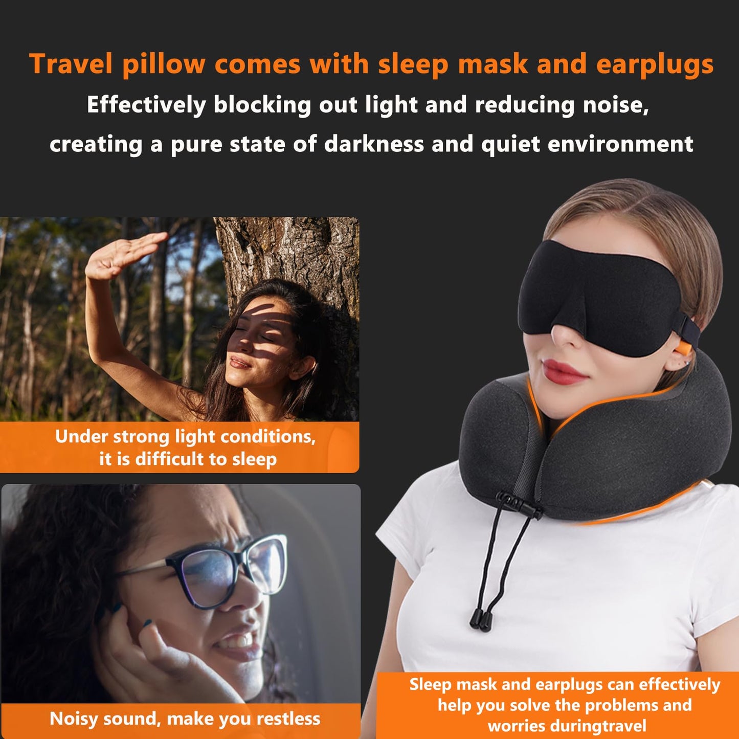 MLVOC Neck Pillow for Traveling, Upgraded 100% Pure Memory Foam Travel Neck Pillow for Airplane Flight Sleep, Breathable & Machine Washable Cover, Travel Kit with 3D Eye Mask, Earplugs & Bag, Black