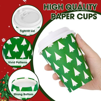 102 Sets Christmas Coffee Cups with Lids 12 oz Disposable Christmas Paper Cups Christmas Hot Chocolate Cups for Hot Cold Beverages Drinking Xmas Holiday Party