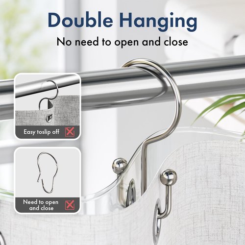 Bathway Shower Curtain Hooks Nickel Shower Curtain Rings, 12 Pcs Double Hook Shower Curtain Hooks Rings Shower Curtain Hangers Rust Proof, Metal Shower Hooks for Bathroom Shower Curtain Rod