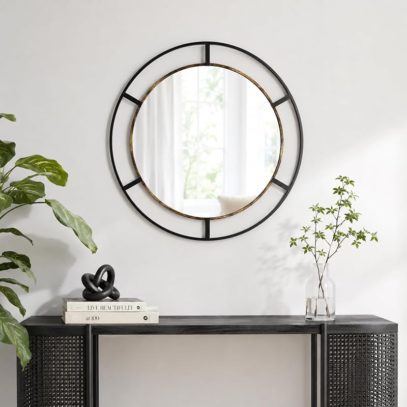 30-Inch Round Wall Mirror, Black & Antique Gold for Bathroom or Entryway - Variation: Black & Antique Gold+Round+30"L x 30"W