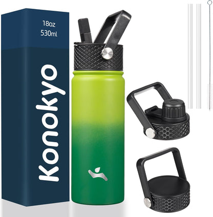 Skiennix 18 Oz Insulated Stainless Steel Water Bottle - Durable Sport Design with 3 Lids | Bamboo Grove