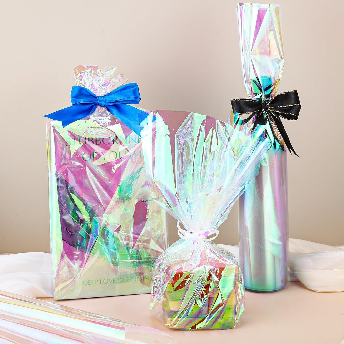 woric 82 Ft X 17 In Cellophane Wrap for Gift Baskets Easter Iridescent Cellophane Wrap Roll Gift Basket Wrapping Plastic for Easter Gifts Basket Stuffers Treats Party Favor Birthday Wedding Crafts
