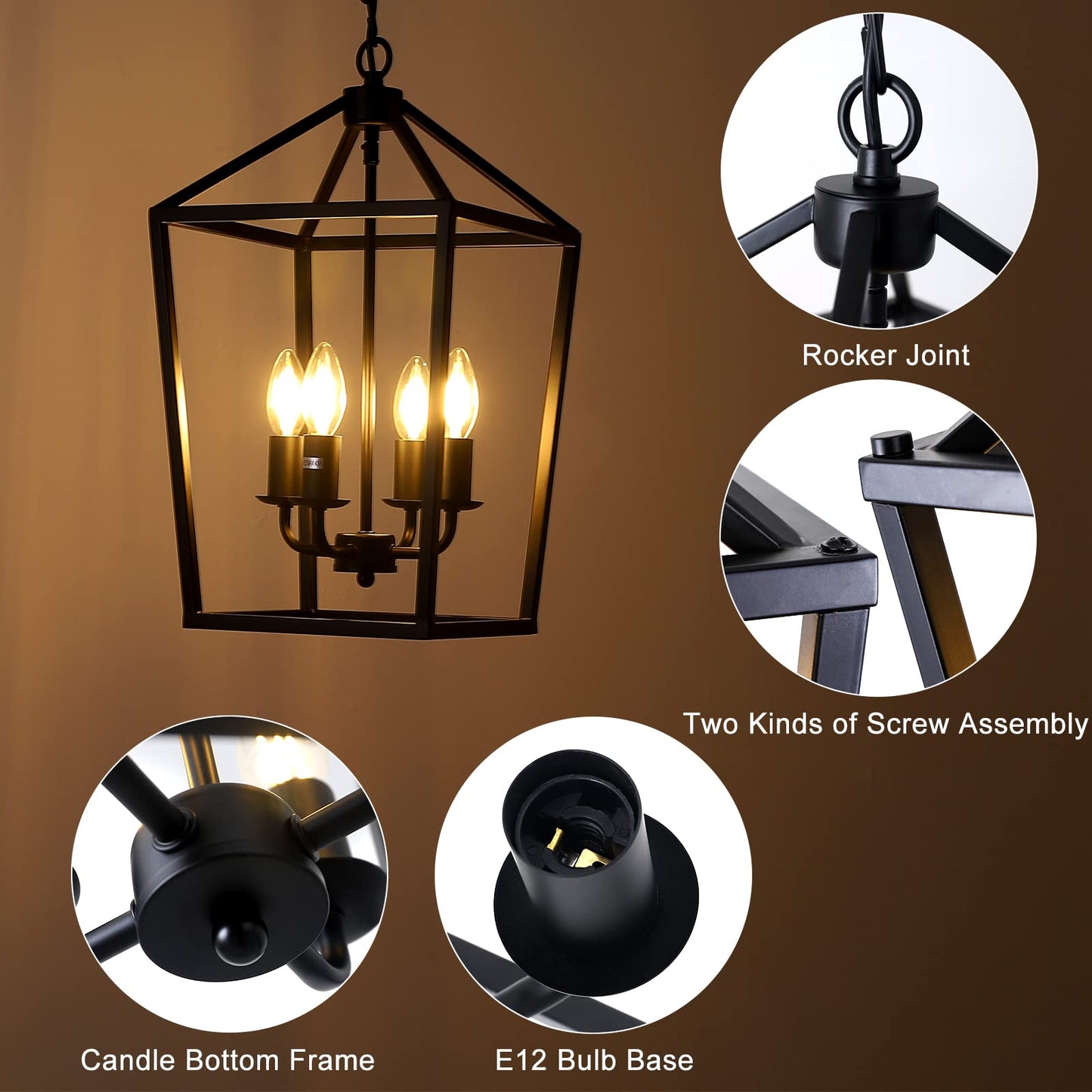 PAKOKULA 4-Light Black Farmhouse Chandelier Iron Lantern Pendant Light Rustic Cage Hanging Light Fixtures Industrial Foyer Lights for Kitchen Island Dining Room Hallway Foyer Entryway