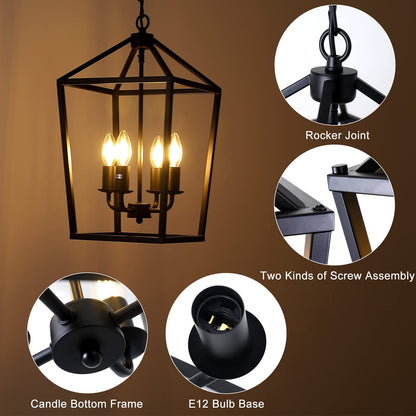PAKOKULA 4-Light Black Farmhouse Chandelier Iron Lantern Pendant Light Rustic Cage Hanging Light Fixtures Industrial Foyer Lights for Kitchen Island Dining Room Hallway Foyer Entryway