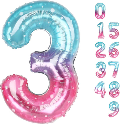 Numbers Balloon - 40 Inch Large Pink, Purple & Blue Birthday Decor for Three-Year-Old Celebrations
