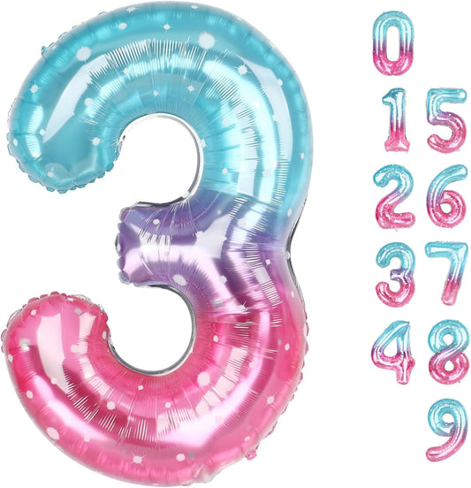 Numbers Balloon - 40 Inch Large Pink, Purple & Blue Birthday Decor for Three-Year-Old Celebrations