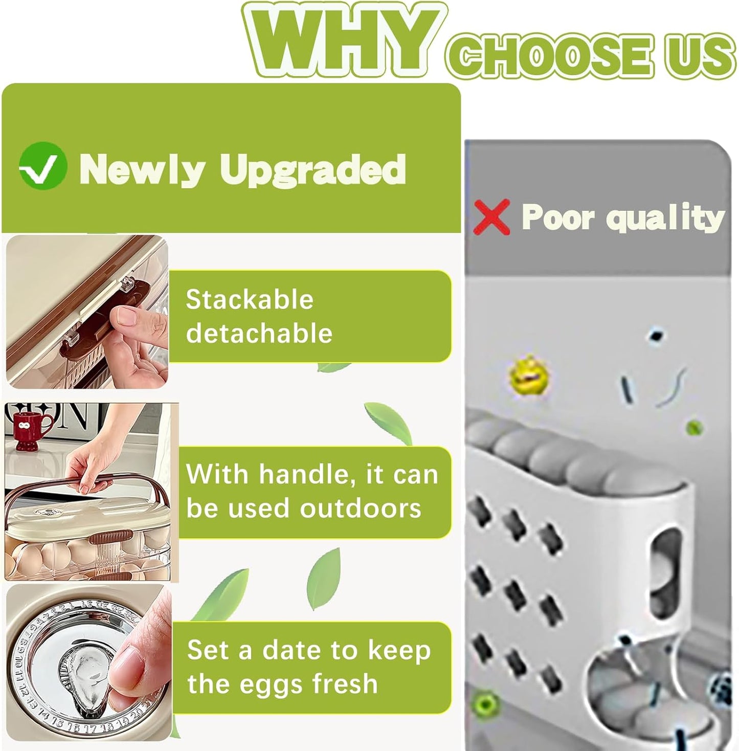 Skiennix Egg Holder - Automatic Rolling Egg Dispenser with Lid & Handle | Stackable for Fridge & Pantry Storage