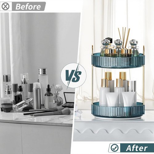 INVSSENE 360° Rotating Makeup Organizer - Large Capacity Vanity Shelf for Cosmetics & Skincare (Blue, 2 Tiers)