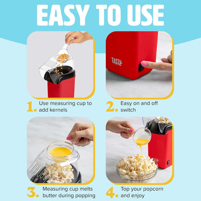 Tasty Hot Air Popcorn Popper - Healthy, Quick Popcorn Maker with Measuring Cup & Butter Warmer | 8 Cups, Red