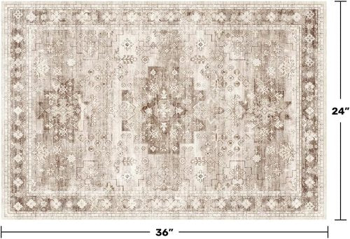 Boho Bathroom Rugs - Washable Non-Slip Soft Area Rug for Entryway & Kitchen | Modern Farmhouse Design (2x3 Beige/Latte)