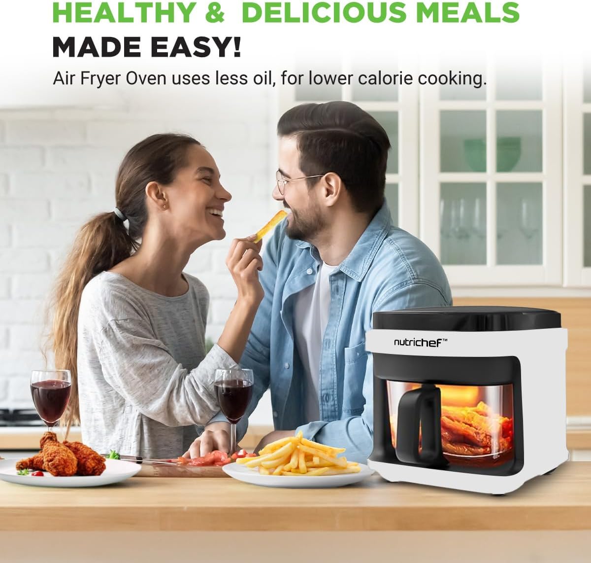 Nutrichef 5.8 Quart Air Fryer - 8-in-1 Cooking Modes | Transparent Fry Bowl for Perfect Results | White
