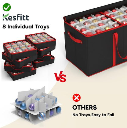 Kesfitt Christmas Ornament Storage Box - Large Organizer with 8 Trays & Dividers for 128 Ornaments | Black
