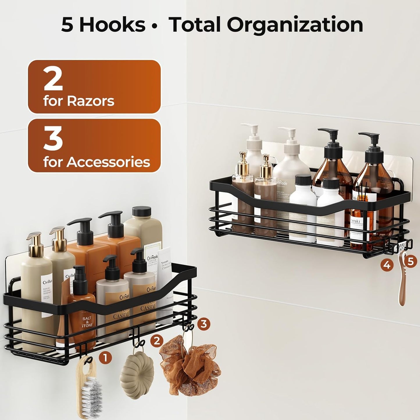 Orimade Shower Caddy - Wall Mounted Rust Resistant Stainless Steel Organizer | 2 Pack, Black with 5 Hooks