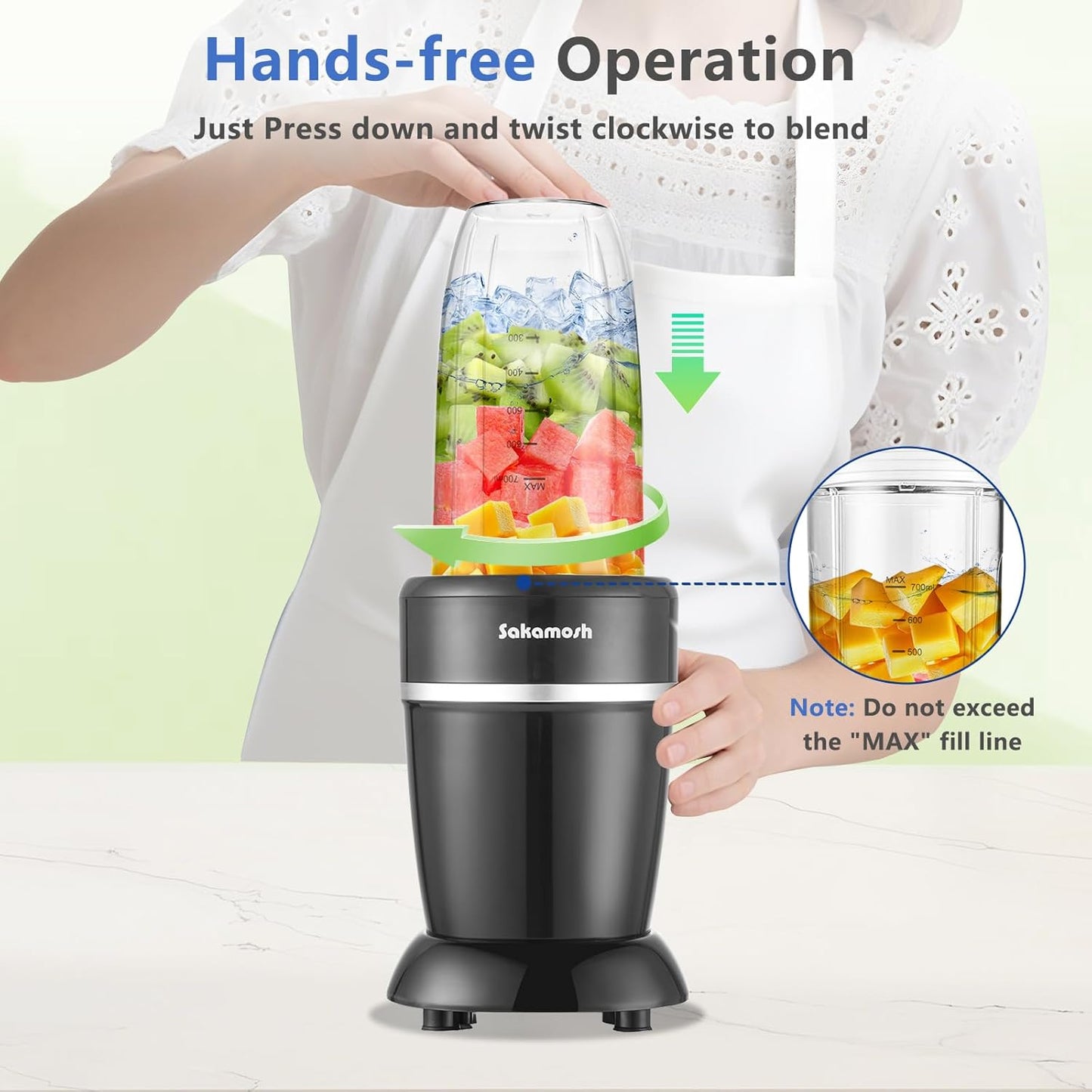 SAKAMOSH 1200W Personal Blender - 12-Piece Portable Combo with 6-Fin Blades & 2 To-Go Cups for Smoothies, Juices & More