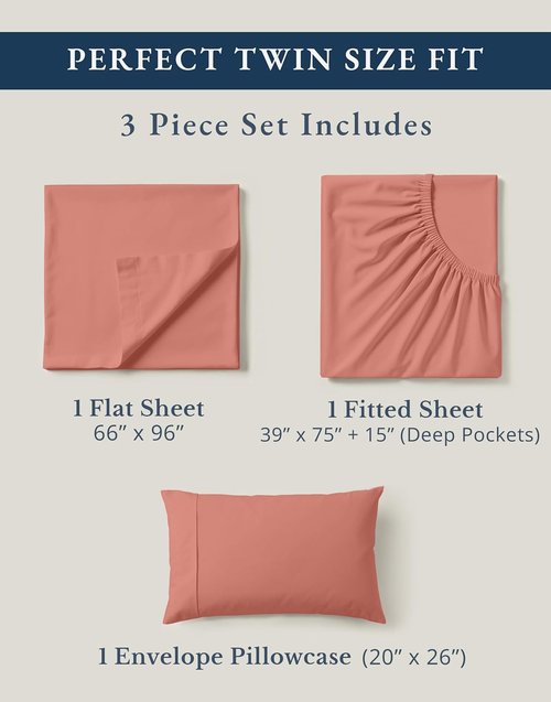 LANE LINEN Twin XL Organic Cotton Sheets Set - Ultra Soft 3-Piece Percale Bedding, Fits Mattresses Up to 15" Deep | Rose Dawn