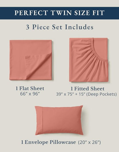 LANE LINEN Twin XL Organic Cotton Sheets Set - Ultra Soft 3-Piece Percale Bedding, Fits Mattresses Up to 15" Deep | Rose Dawn