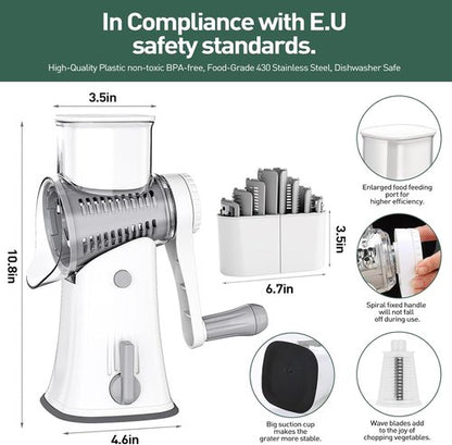 APSARAS USA Rotary Cheese Grater - 5-in-1 Hand Crank Shredder with Replaceable Blades & Suction Base