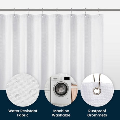 LiBa Waffle Weave Fabric White Shower Curtain, 72 W x 72 H Water Repellent & Heavyweight, Hotel Quality & Cloth Linen Shower Curtains Set and for Bathroom