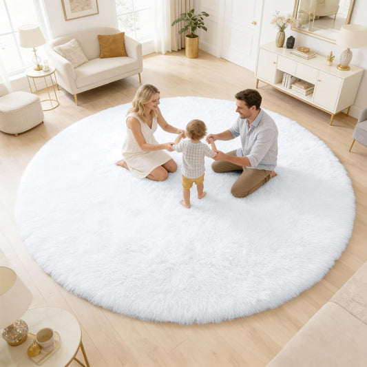 OLANLY White Round Rug - Soft & Fluffy 6 ft Machine Washable Area Rug for Bedroom & Living Room Decor