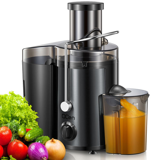 Qcen Juicer Machine, 500W Centrifugal Juicer Extractor with Wide Mouth 3” Feed Chute for Fruit Vegetable, Easy to Clean, Stainless Steel, BPA-free (Metallic Black)