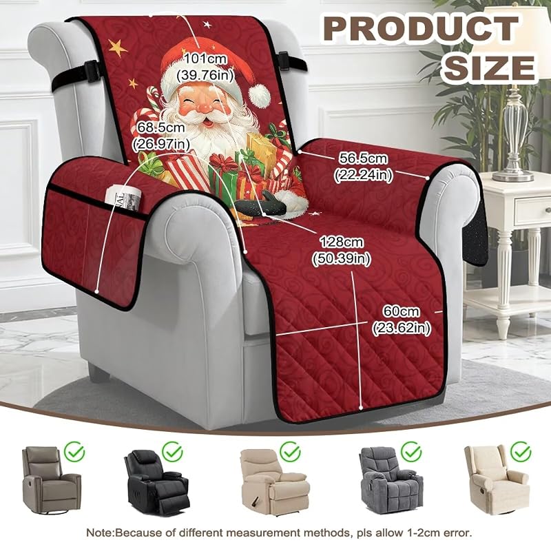 Red Santa Claus Recliner Armchair Cover - Fit Up To 60cm with Non-Slip Straps
