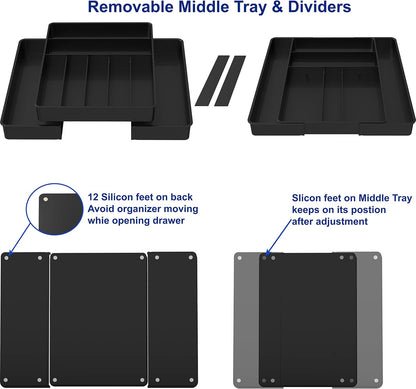 Simple Houseware Flatware Organizer - Adjustable Black Kitchen Drawer Tray with 9 Compartments