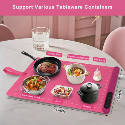 FYY Food Warming Mat - Electric Warming Tray Full Surface Heating Versatile Food Warmer, Premium Silicone Nano-Material, Rollable Food Heating Tray for Gatherings, Parties, Everyday Use, Pink