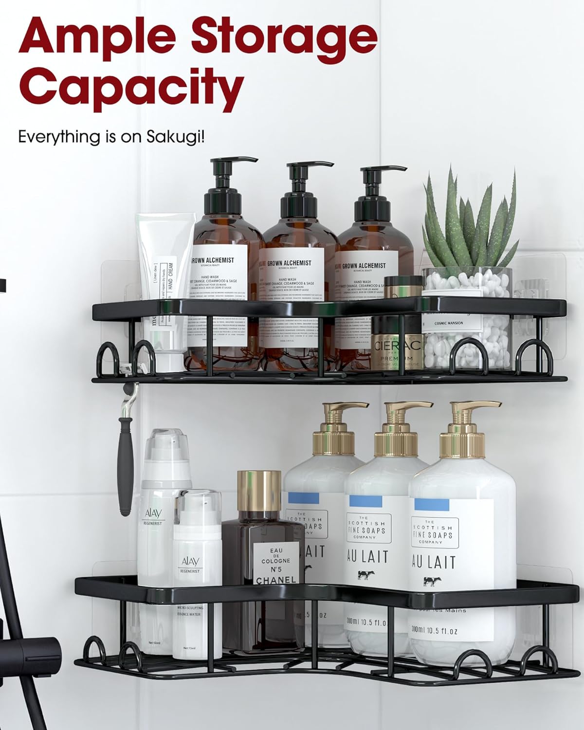 Sakugi Corner Shower Caddy - Rustproof Stainless Steel Organizers with 8 Hooks | No-Drill, Space-Saving Design, Black - 2 Pack