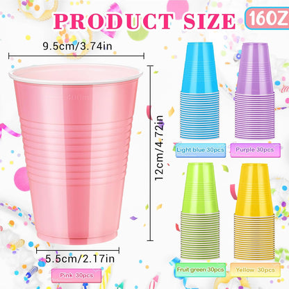 Skiennix 16oz Plastic Cups - 150 Pcs Disposable Colorful Cups for Parties & Celebrations