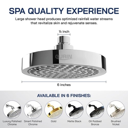 GURIN Shower Head High Pressure Rain Shower head - 6 Inch Luxury Design with Adjustable Angles, Anti-Clogging Nozzles, Easy 1-Min Install, Premium Chrome Finish for Bathroom (2.5 GPM)