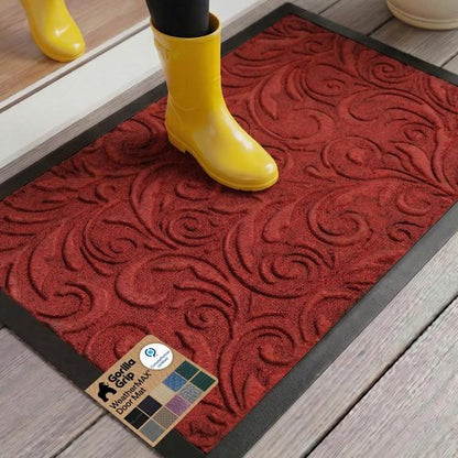 GORILLA GRIP Waterproof All-Season WeatherMAX Doormat - 35x23 Natural Rubber, Stain & Fade Resistant, Easy Clean, Red Vintage Wine