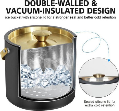 3.2L/3.4QT Modern Insulated Ice Bucket with Silicone Lid, Scoop, Strainer, Double Wall Stainless Steel Ice Bucket for Parties & Cocktail Bar,Ideal for Gift(Black)