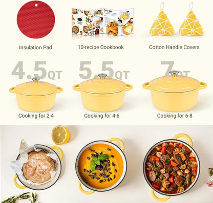 Overmont Enameled Cast Iron Dutch Oven - 5.5QT Heavy-Duty Pot with Lid & Potholders | Goose Yellow
