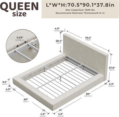 RECCI AirFrame Queen Bed Frame - Cloud Upholstered Platform with Cushioned Headboard | Easy Assembly, Beige Chenille