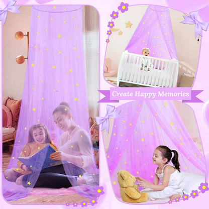 South to East Princess Bed Canopy for Girls with Glowing Stars, Purple Bed Canopy for Girls Room, Bed Canopy Curtains from Ceiling for Twin Beds, Full Size Beds, Ideal Gift for Girls