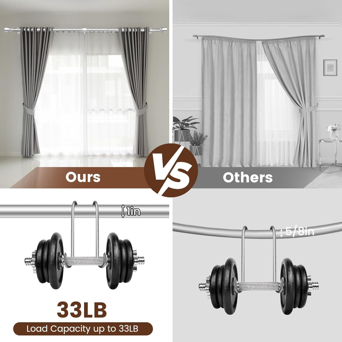 Skiennix 1" Diameter Silver Curtain Rod - Heavy Duty Adjustable 30-90 Inch Length for 30-84 Inch Windows
