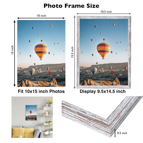 JCJMY 10x15 Picture Frame Rustic White for Wall Hanging, Wall Mounting Horizontally or Vertically, 10 x 15 Wall Gallery Poster Photo Frame with Shatter Resistant Plexiglass, Rustic White