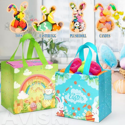 Aviski 8PCS Happy Easter Egg Hunt Bunny Carrot Chick Egg Treat Non-Woven Bags with Handles for Gifts Wrapping, Egg Hunt Game, Party Supplies, 7.9×7.9×5.9inch