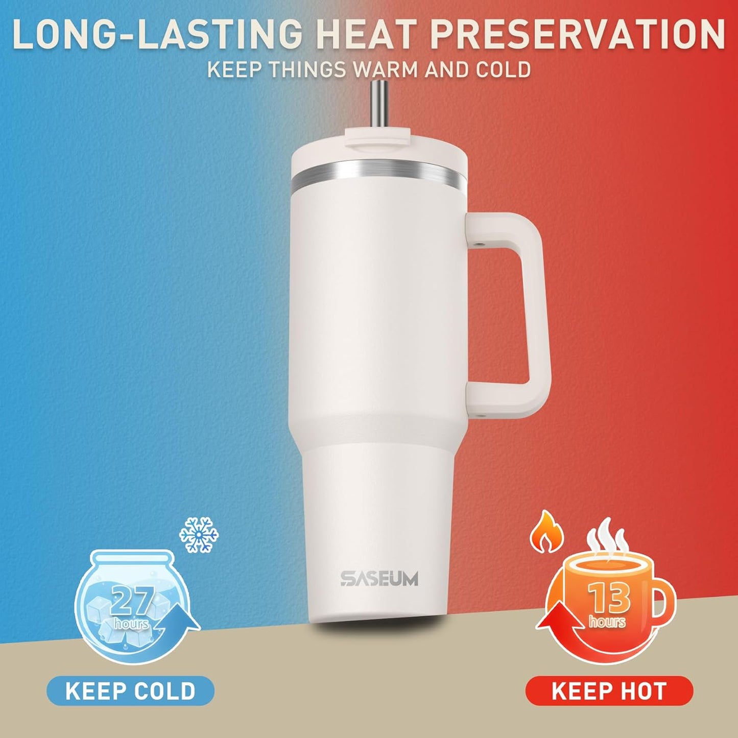 SASEUM 40 Oz Stainless Steel Tumbler - Insulated Water Bottle with Handle & Lid | BPA-Free, White