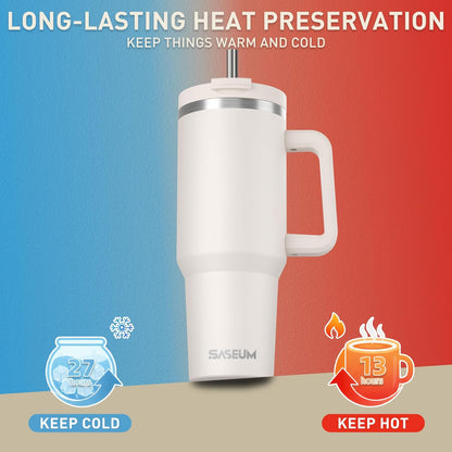 SASEUM 40 Oz Stainless Steel Tumbler - Insulated Water Bottle with Handle & Lid | BPA-Free, White