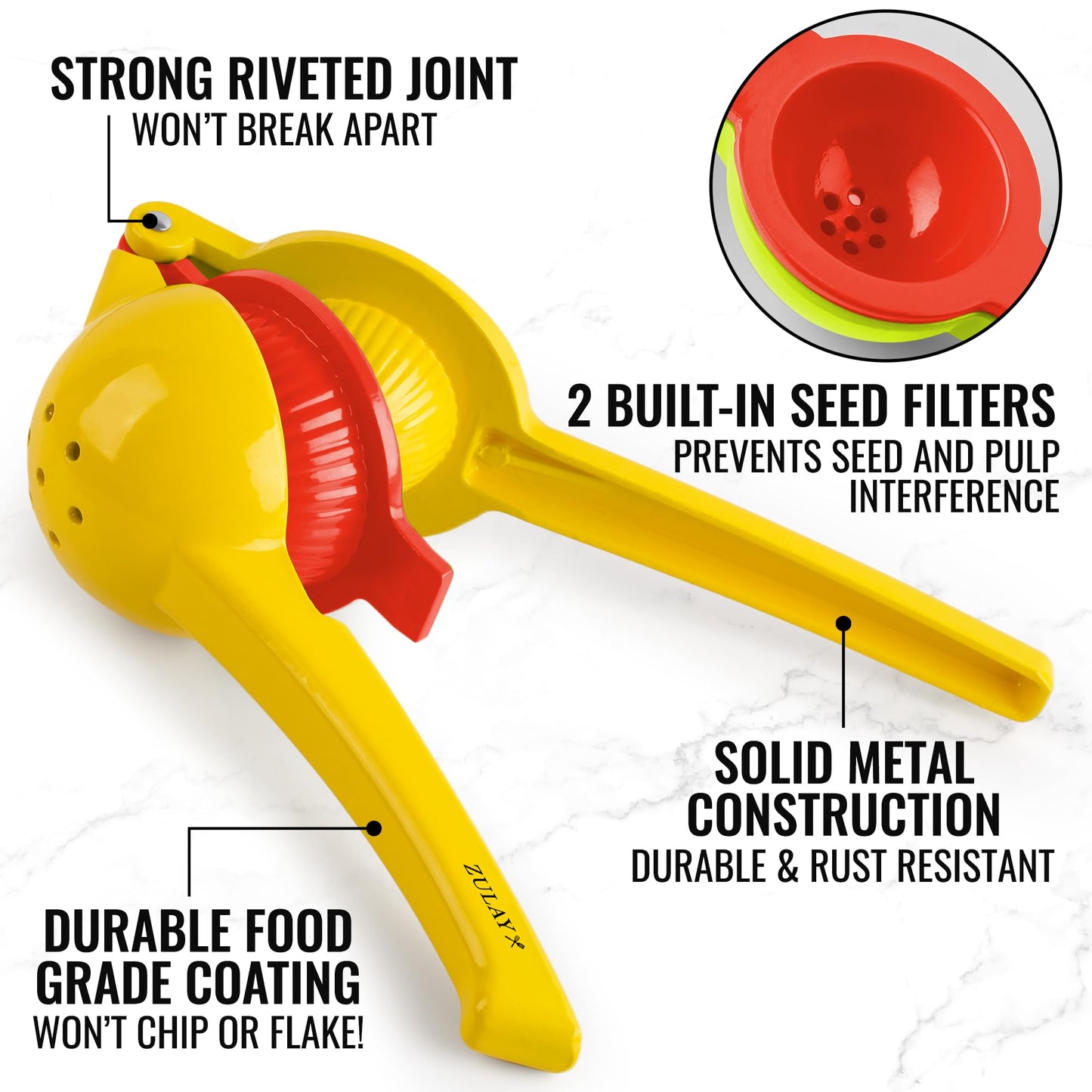 Zulay Metal 2-In-1 Lemon Squeezer Manual - Sturdy, Max Extraction Hand Juicer Lemon Squeezer Gets Every Last Drop - Easy to Clean Manual Citrus Juicer - Easy-to-Use Lemon Juicer Squeezer - Yellow/Red