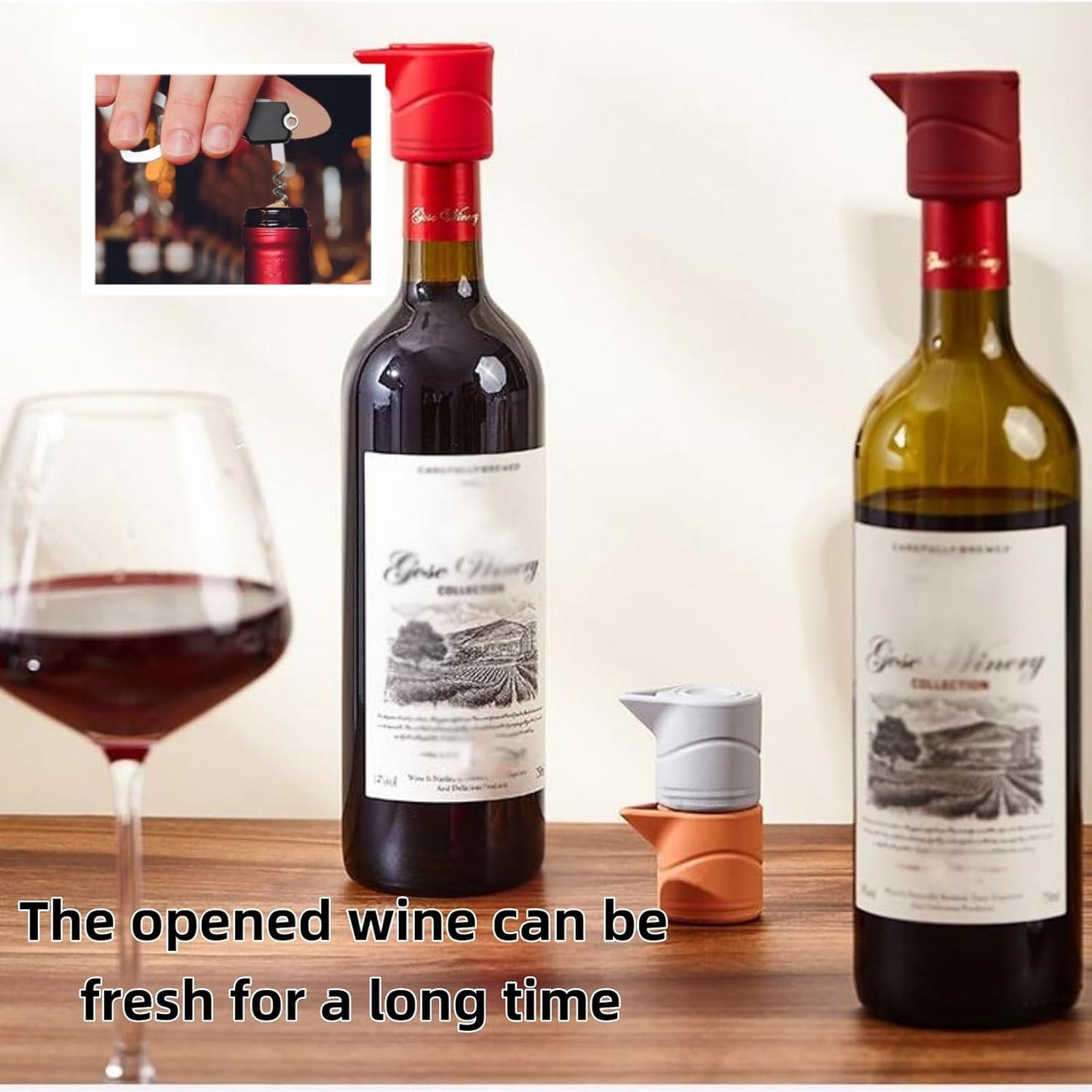 Silicone Wine Bottle Stopper with Guide Nozzle Keep Wine Fresh Reusable Wine Preserver Seals With 3 in 1 Kechain Fixed Sealing Plug Design For Soy Sauce, Cooking Wine, Oilg(Red+Orange+Gray)